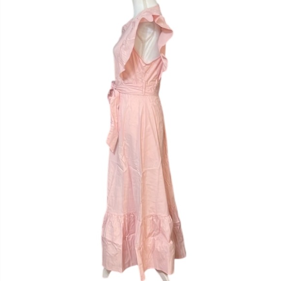 Elegant pale Pink Ruffle Dress Midi Exaggerated short ruffle sleeves tier hem L - Picture 6 of 16